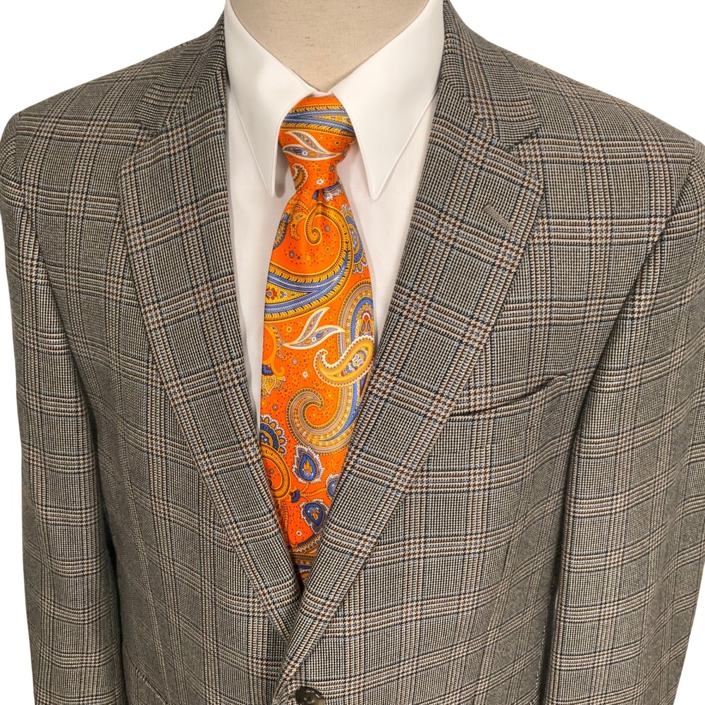 Hart Schaffner Marx Blazer Mens 41R Brown Blue Plaid Gold Label Jacket VTG USA